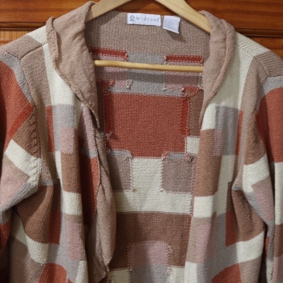 Wildroot Retro Ruffle Vintage Cardigan Sweater LG Shades of Brown Geometric - Picture 3 of 13